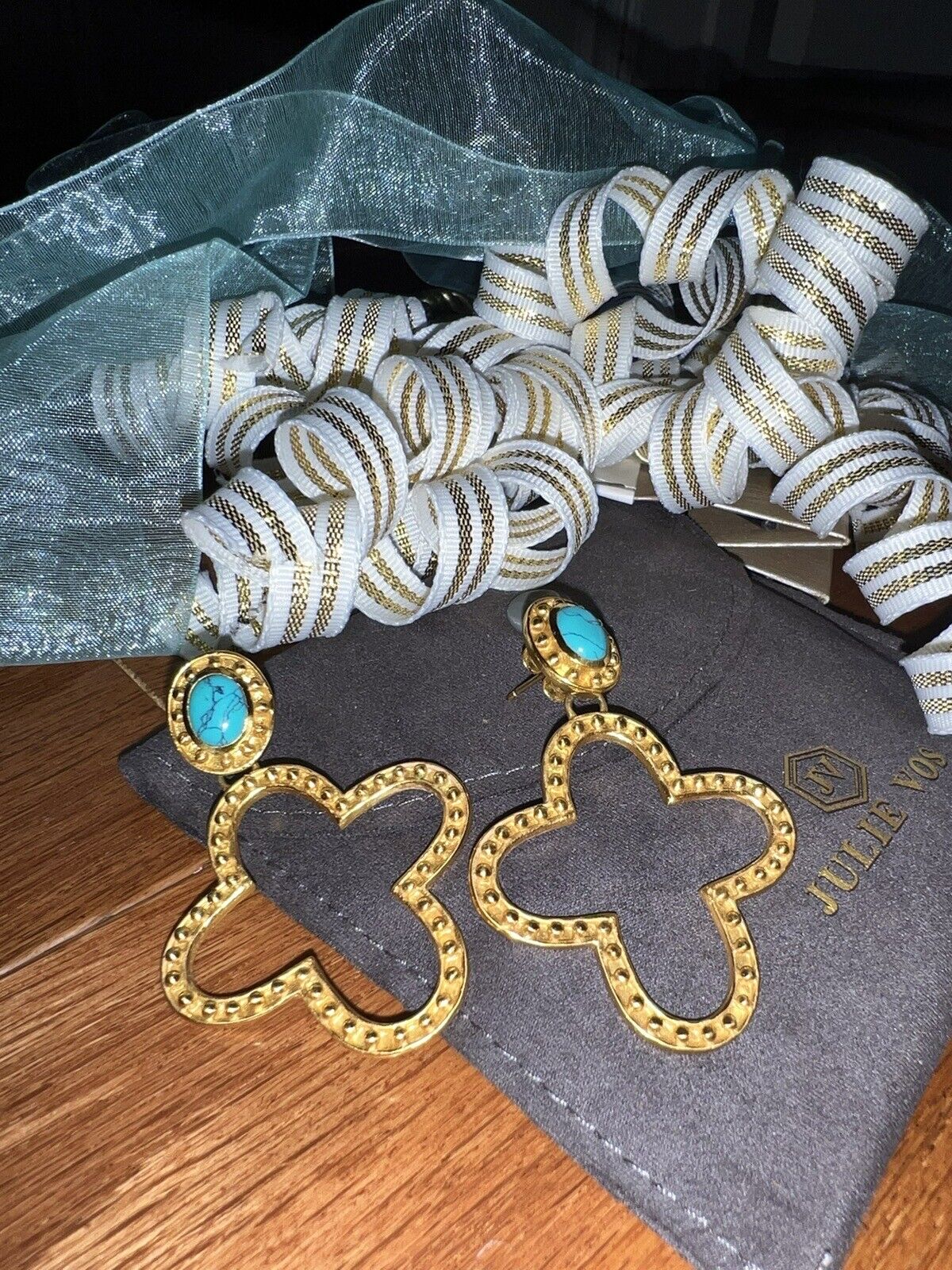 Julie Vos 24k Gold Plate & Turquoise Cross Statement Earrings WOW