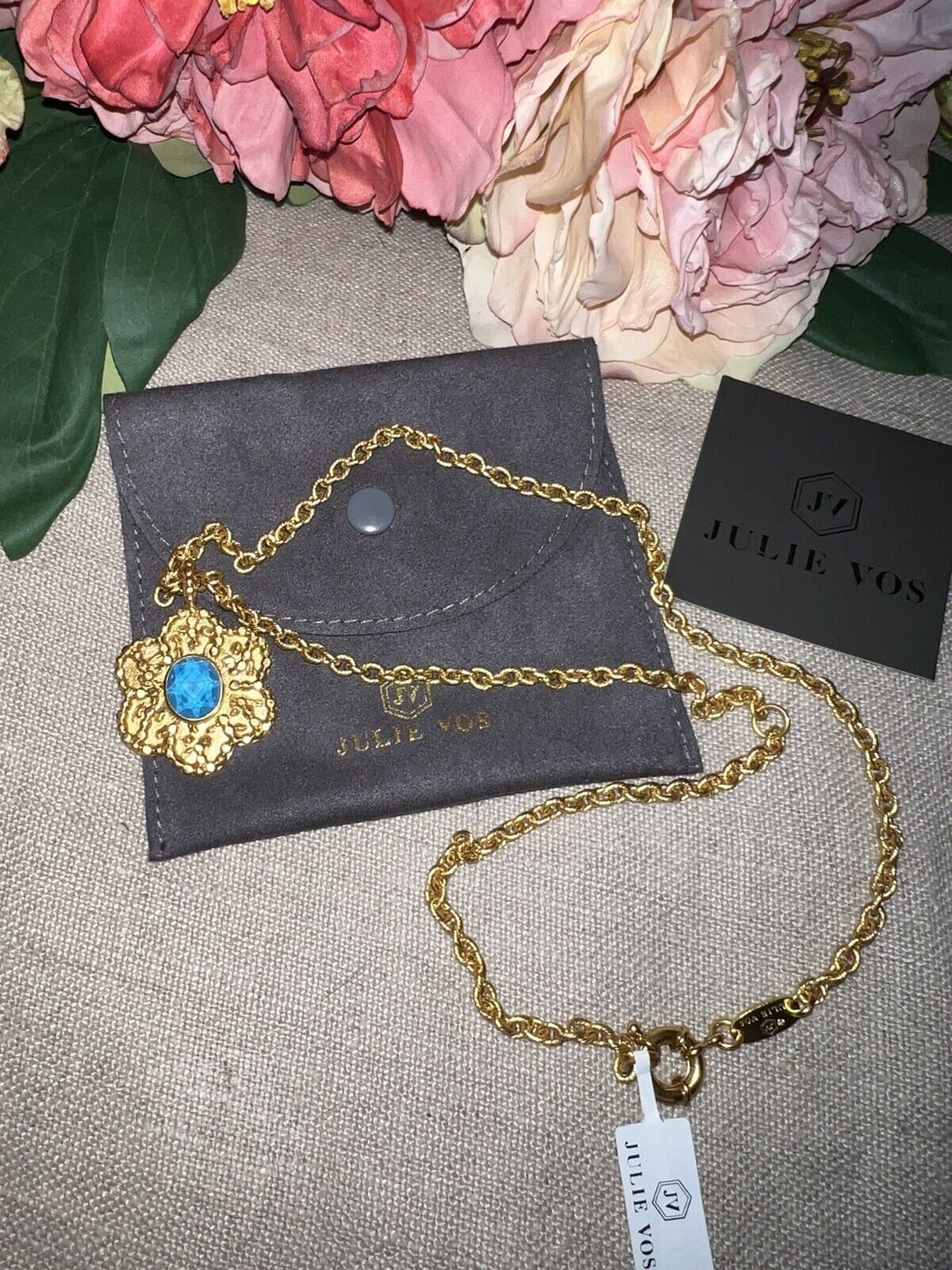 Julie Vos Long Chain 24k Gold Plated & Pacific Blue Floral Pendant