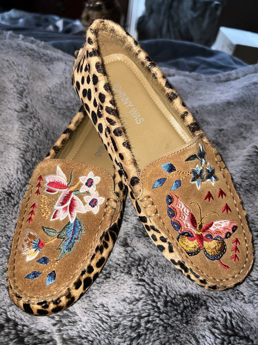 Johnny Was Leopard Print Calf Hair Embroidered Moccasins   Sz 6