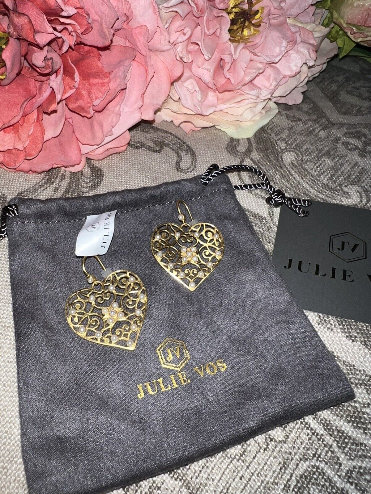 NEW Julie Vos New Pearl Embellished Heart Earrings 24k Gold Plate NWT