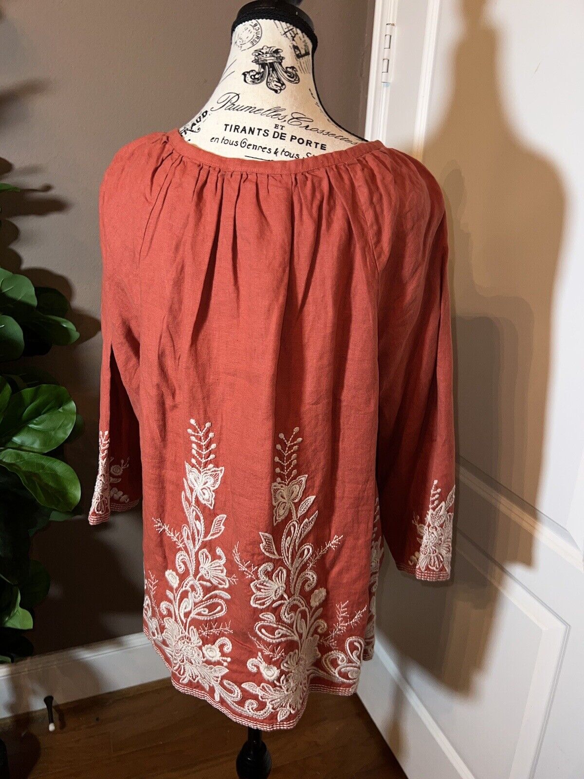 Johnny Was L Large Linen Kimono Sleeve Peasant Top Floral Embroidered