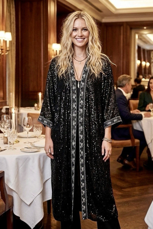 Johnny Was L 100% Silk & Sequins Black KIMONO Long Duster Coat REVERSIBLE Johnny Was