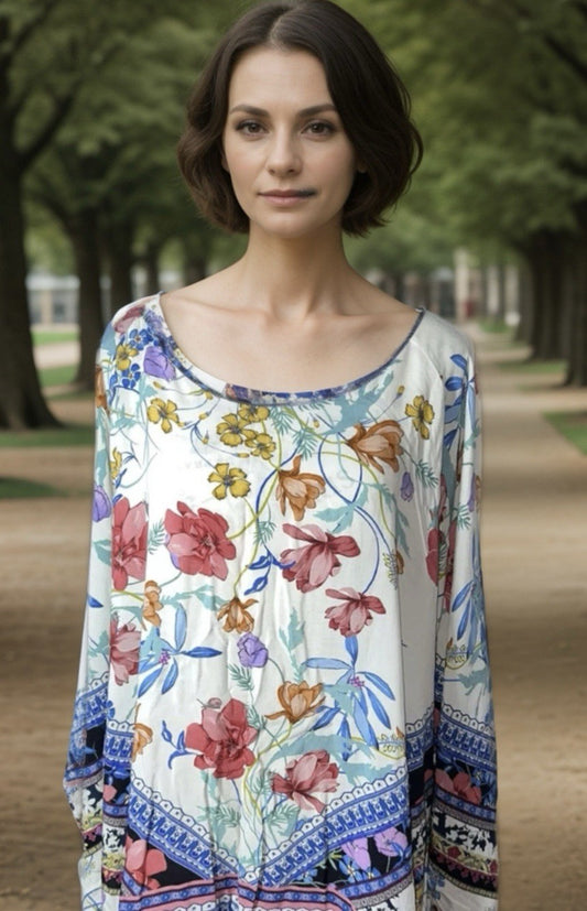 Johnny Was 1X Peasant Blouse Silky Floral Tunic Top Lightweight Cool White BOHO Johnny Was