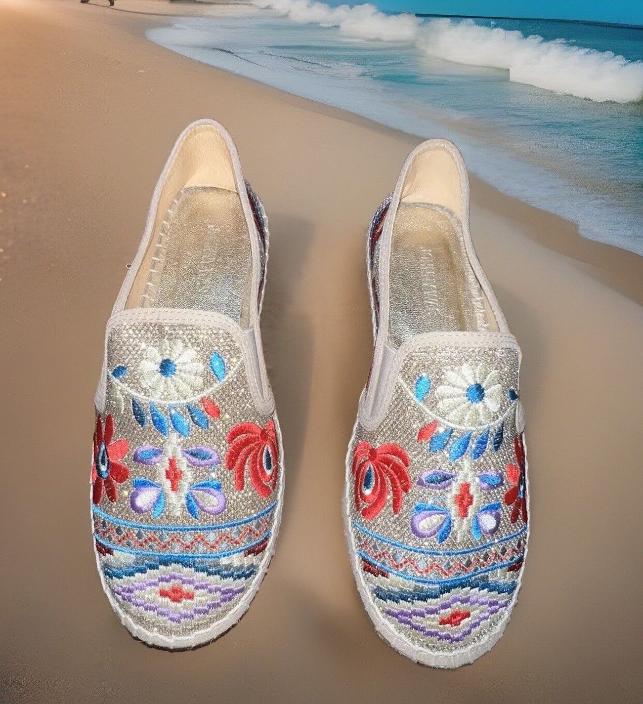 Johnny Was Sparkly Gold Embroidered Espadrilles Sz 40 US 9 Worn Once!