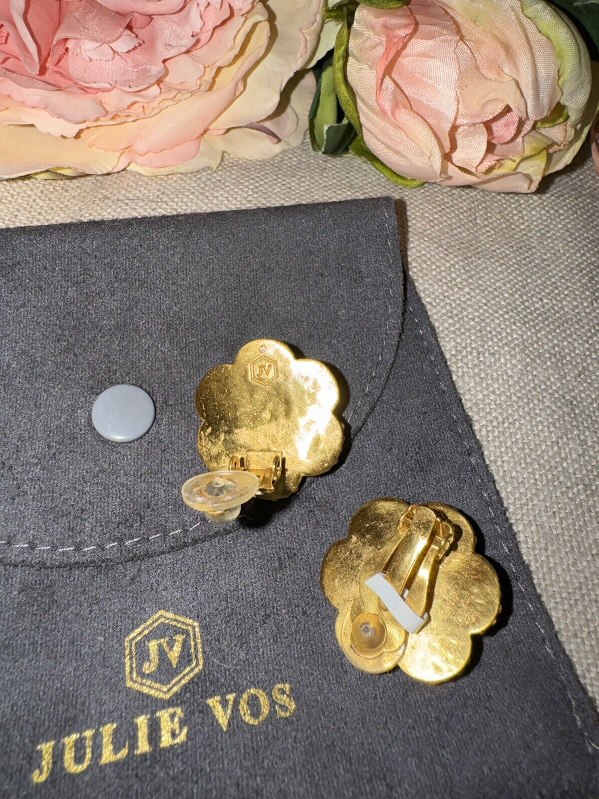 Julie Vos Pacific Blue 24k Gold Plate Flower Clip On Statement Earrings