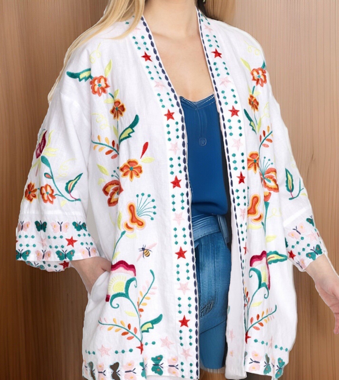 Johnny Was 2X White Linen Kimono Colorful Embroidery Top BOHO Wrap Jacket Johnny Was