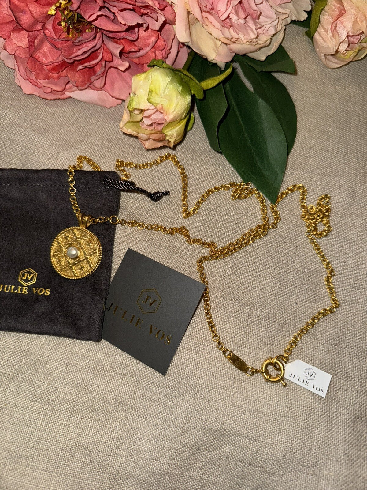 Julie Vos Coin Medallion REVERSIBLE PEARL Pendant Long Link Necklace RETIRED Julie Vos