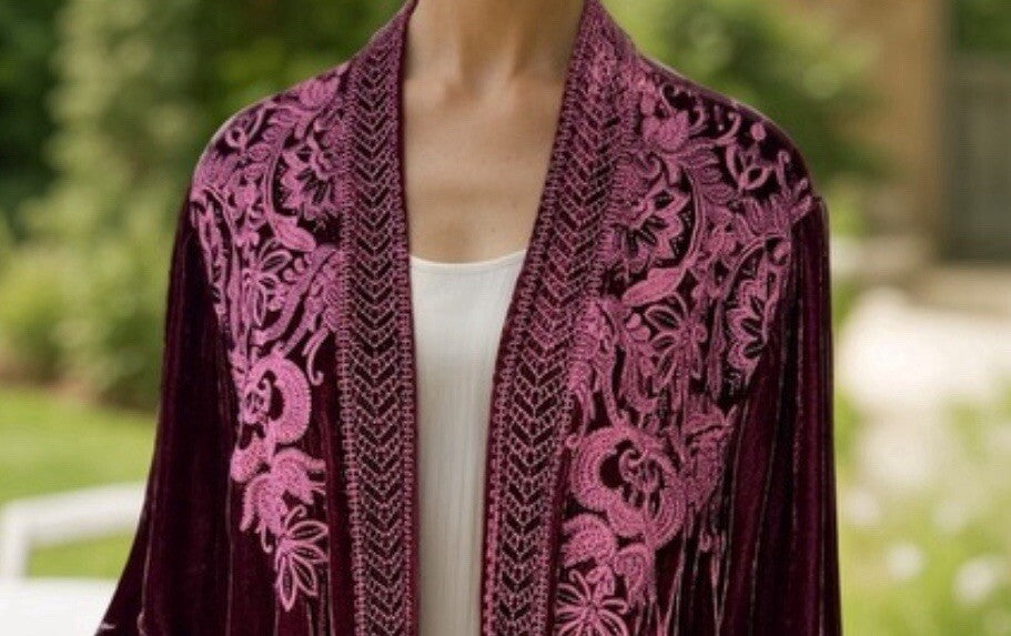 Johnny Was XL Burgundy Wine Velvet Kimono Cardigan Embroidered Top Wrap Duster Johnny Was