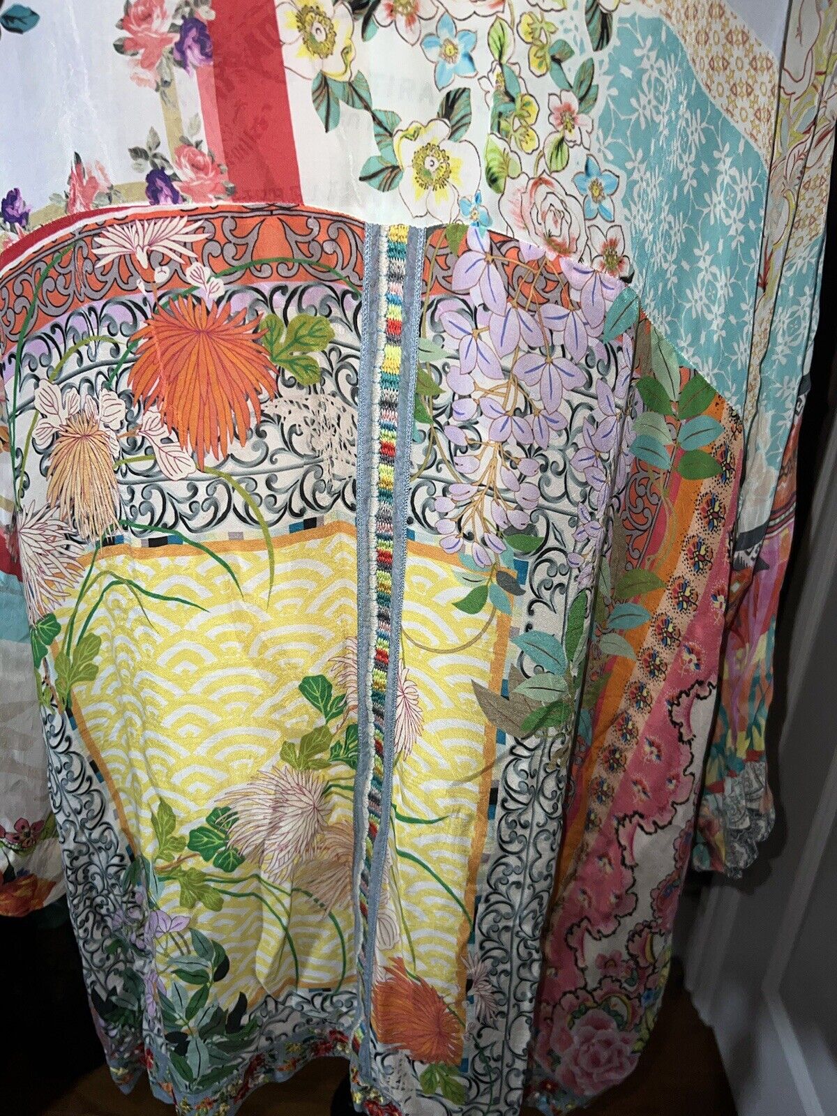 Johnny Was Sz 2X XXL Silky Kimono W/ Embroidery & Flowers Pockets