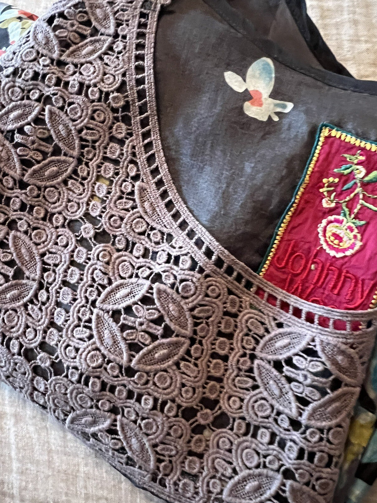 Johnny Was M 100% Silk Peasant Blouse Tunic Top Crocheted Neck Lightweight Cool Johnny Was