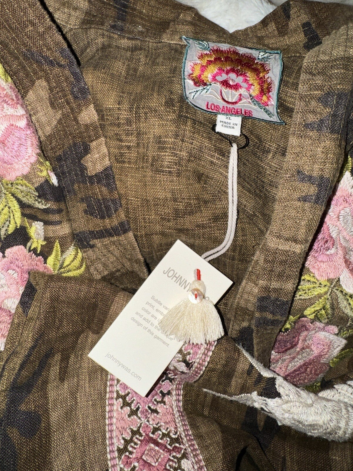 Johnny Was XL Linen Camo Embroidered Kimono Top Wrap Jacket Coat *NO BELT Johnny Was