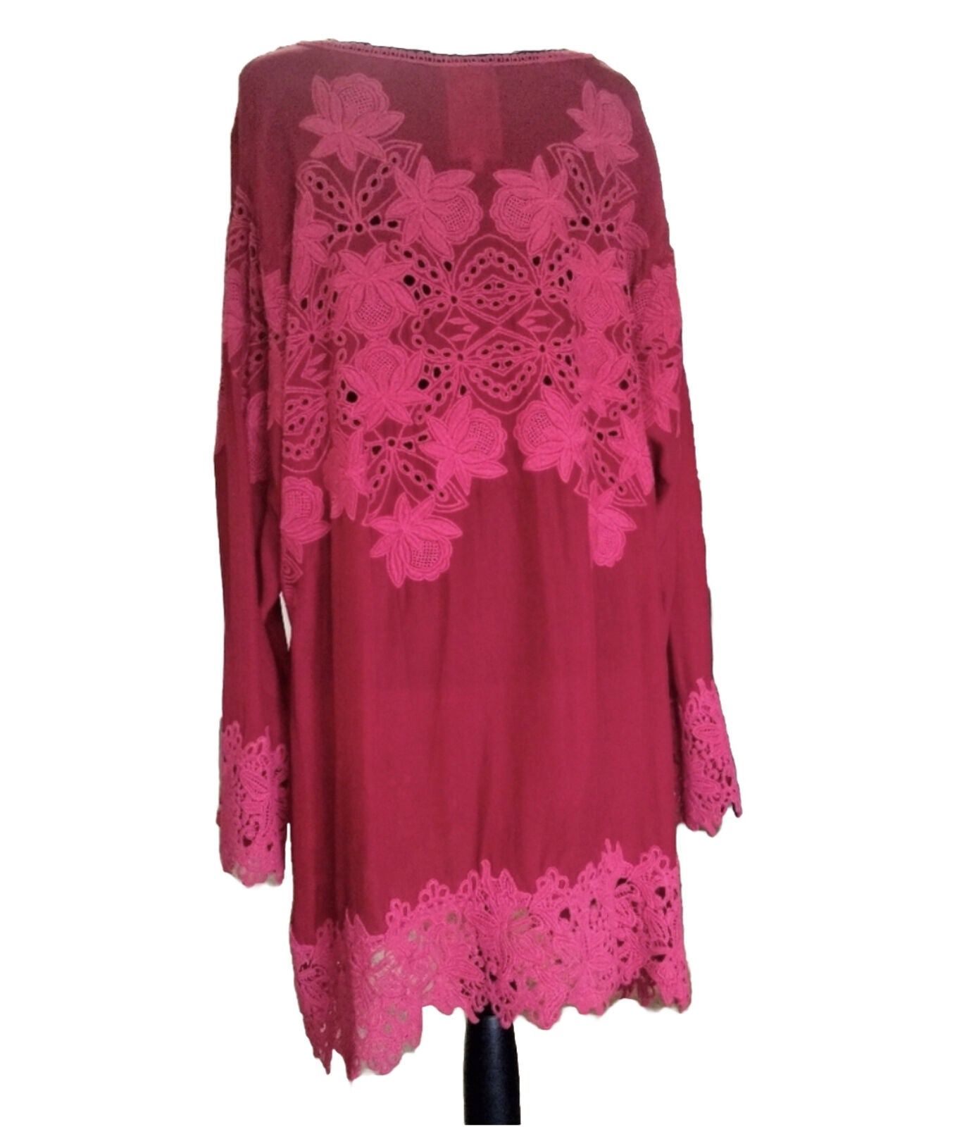 Johnny Was 2x Silky Red Tunic Top With Kimono Sleeves Eyelet Detail