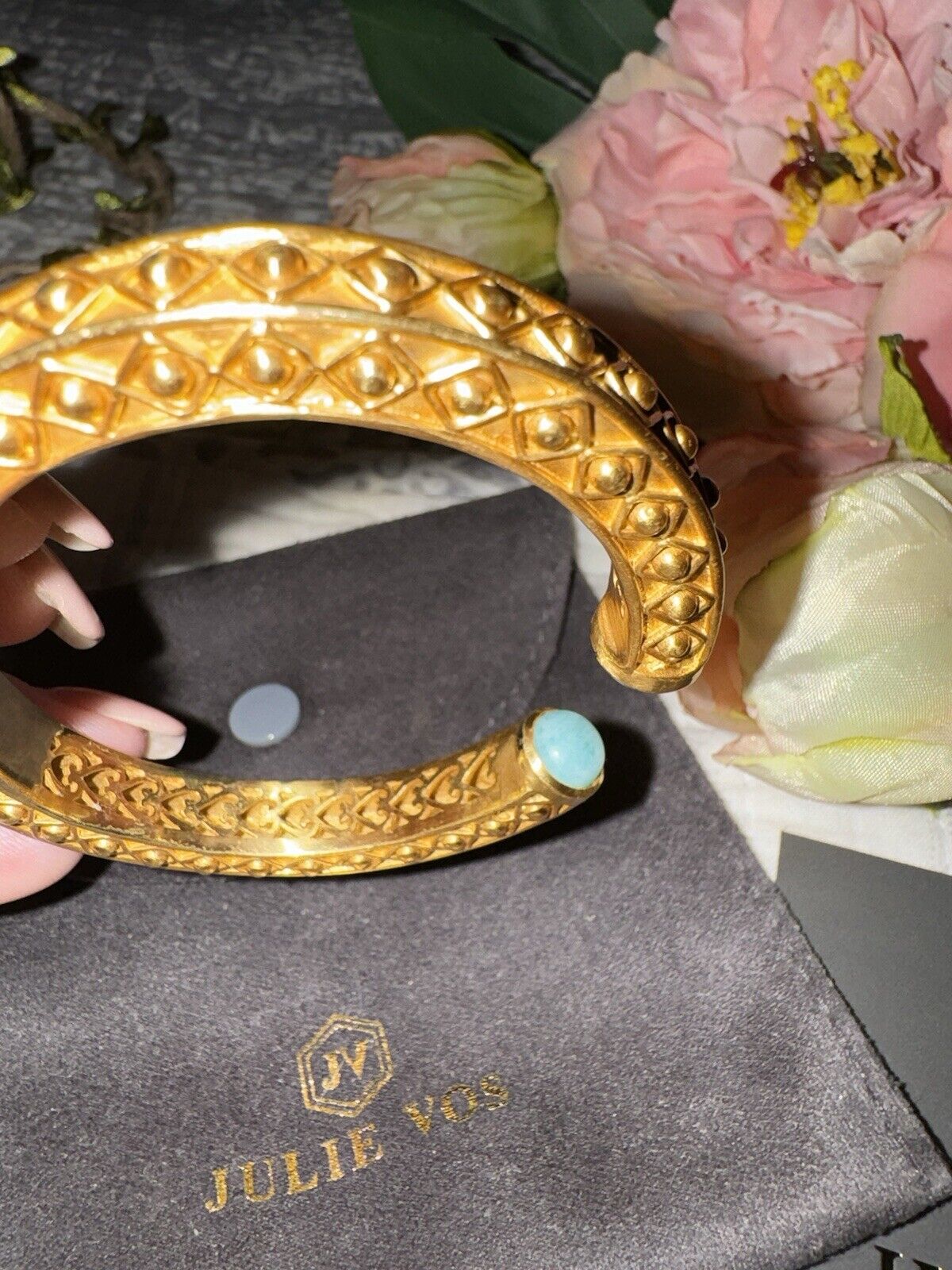 Julie Vos Cuff Hinged Bangle Bracelet 24k Gold Plate & Turquoise Blue Stone RARE