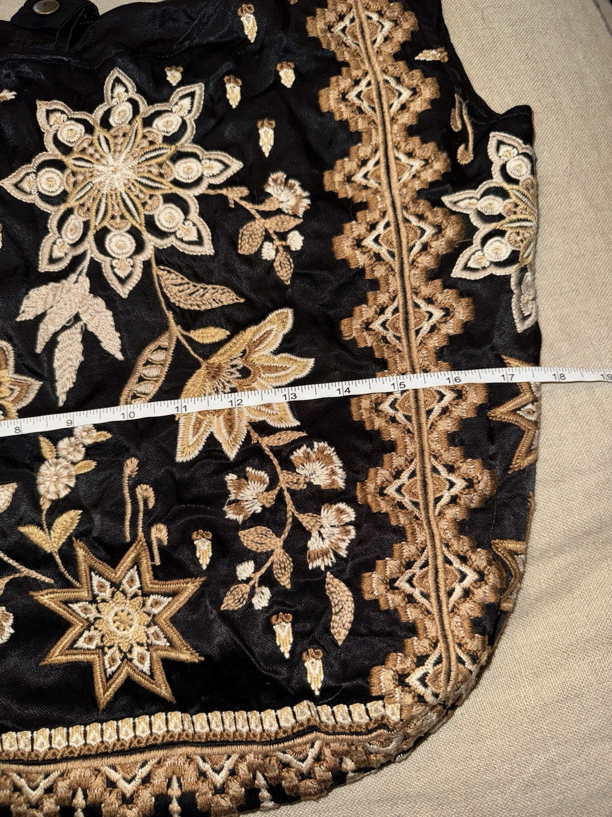 Johnny Was Large Black & Gold Satin Hobo Bag Slouch Tote Purse Embroidered Johnny Was