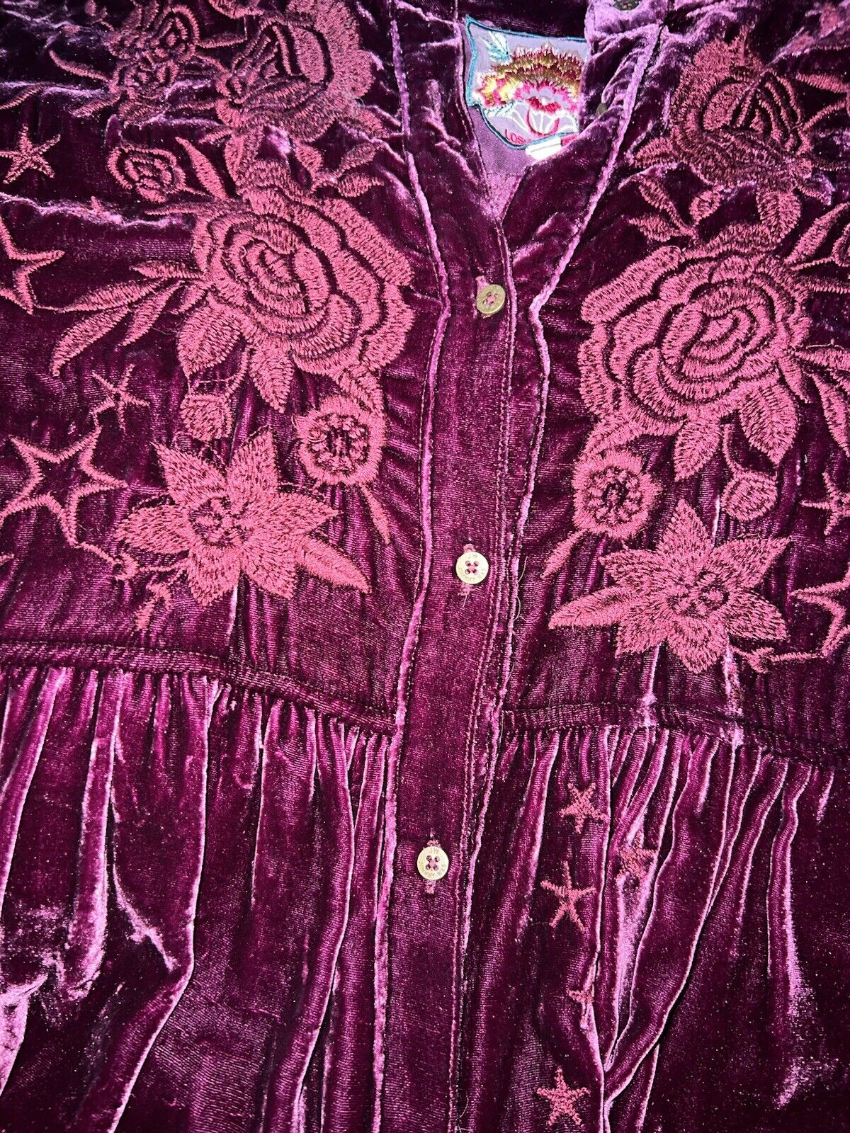 Johnny Was Sz XL Burgundy Wine Velvet Peplum Tunic Top Tonal Embroidery