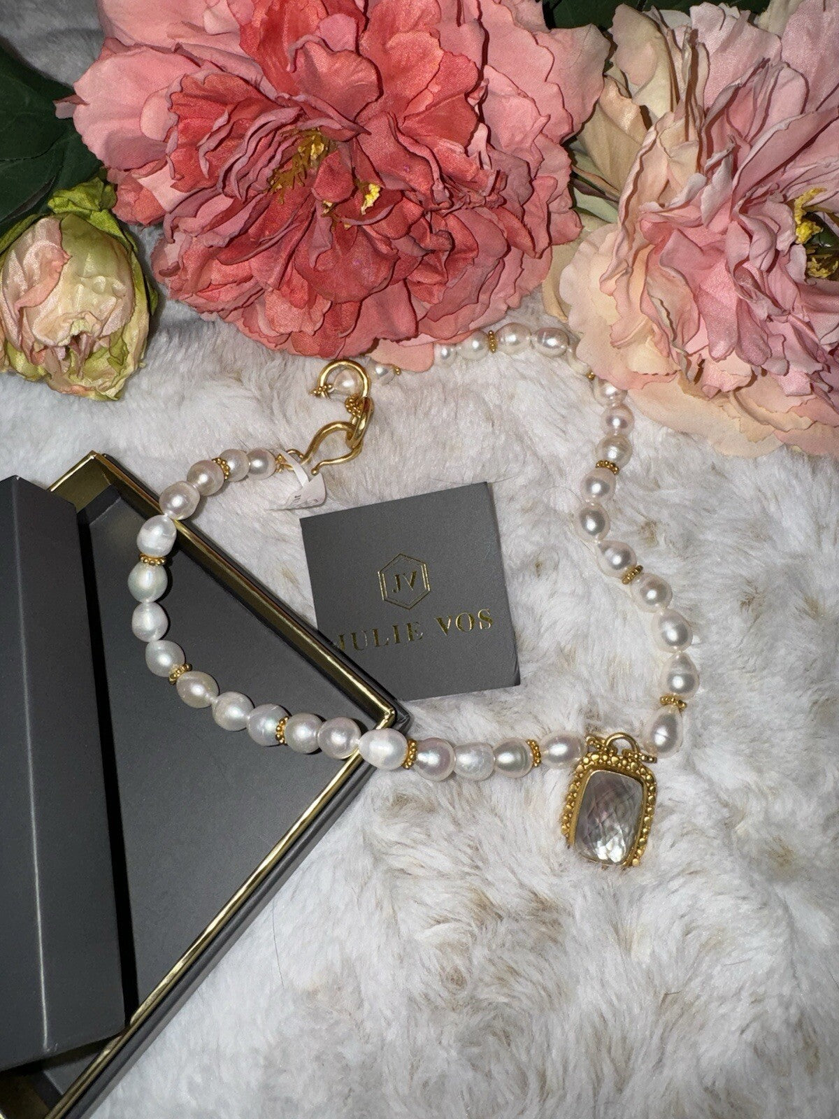 Julie Vos Freshwater Pearl & Clear Statement Necklace 24k Gold Plated Julie Vos