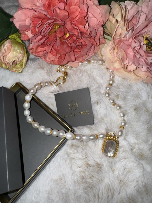 Julie Vos Freshwater Pearl & Clear Statement Necklace 24k Gold Plated Julie Vos