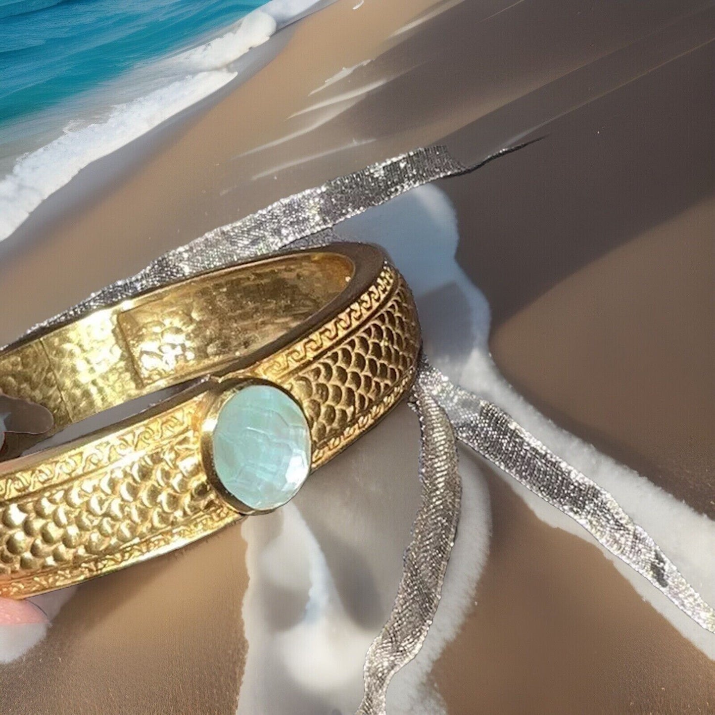 Julie Vos Hinged Bangle with Bahamian Blue Stone & 24k Plated  RETIRED Julie Vos