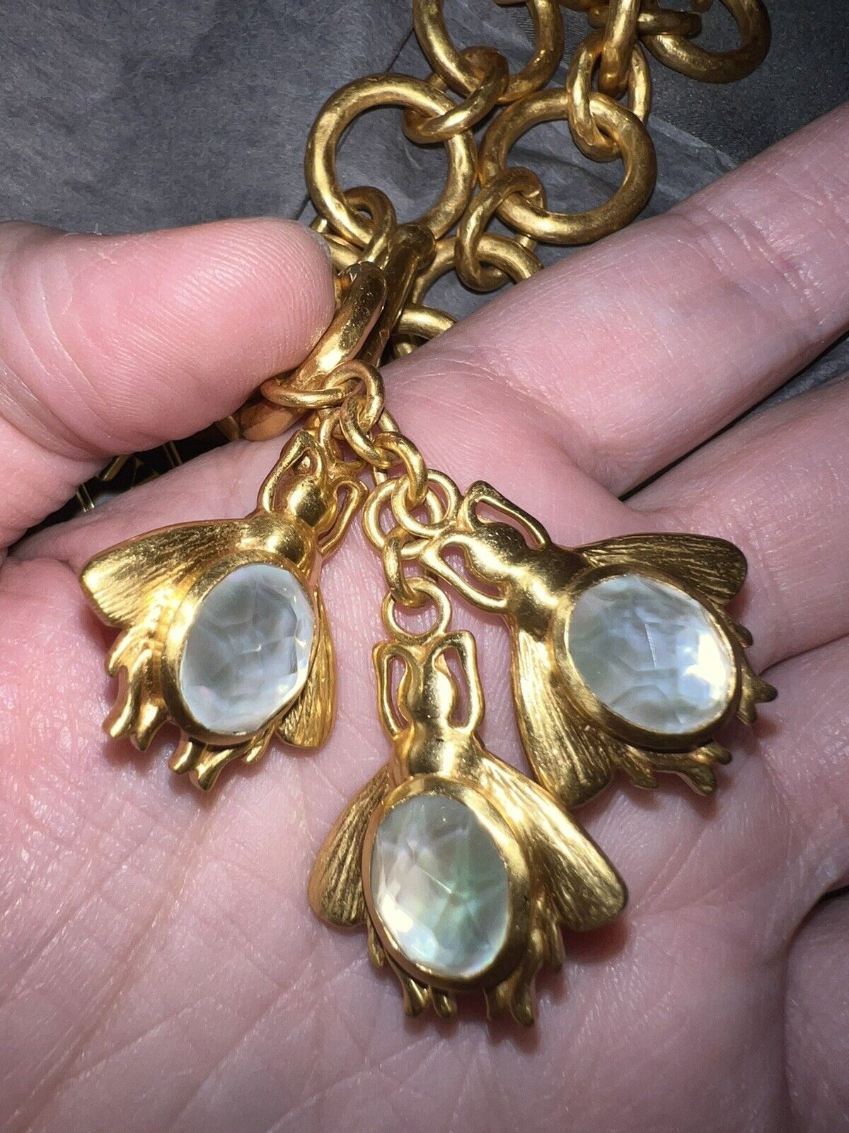 Julie Vos REVERSIBLE Bee Toggle Link Necklace 24k Gold Plate Chalcedony Clear