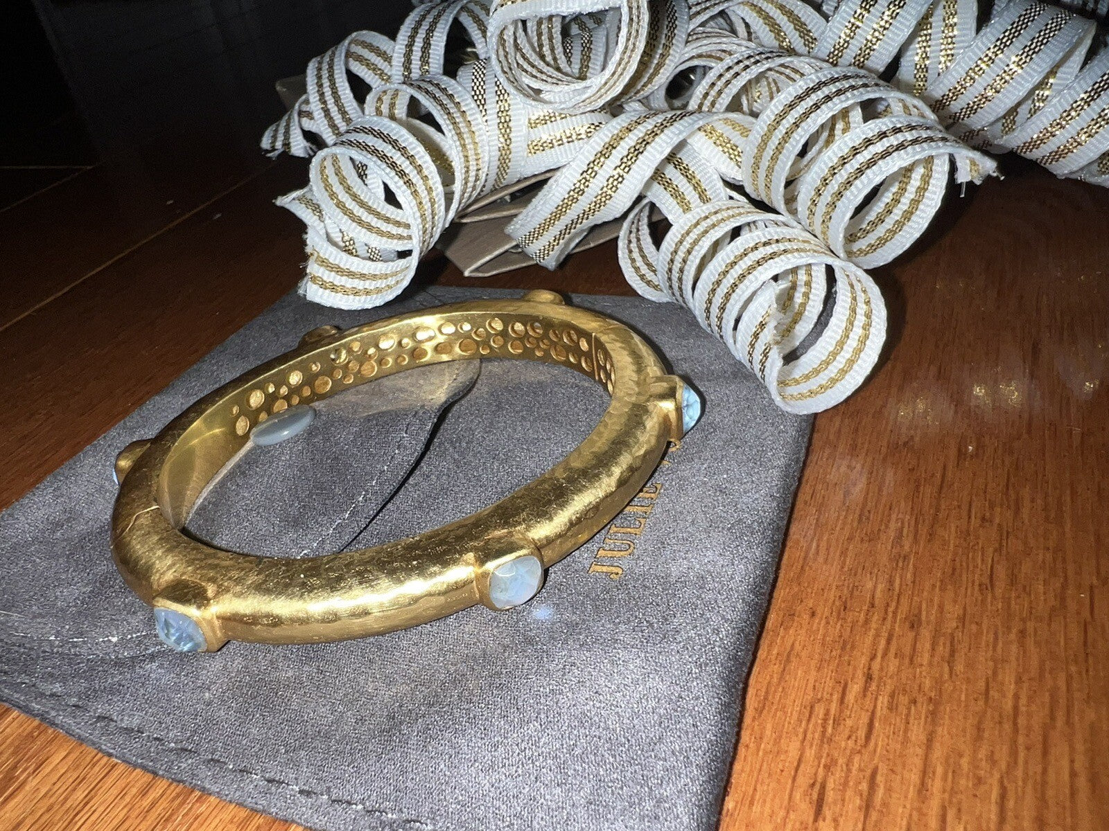 Julie Vos Hinged Bangle Bracelet W/ Light Blue Stones 24k Gold Plate Julie Vos