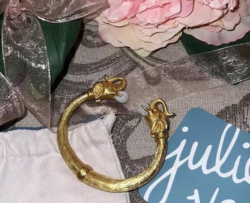 Julie Vos Moonstone 24k Gold Plate Elephant Statement Bangle Cuff Bracelet NWOT