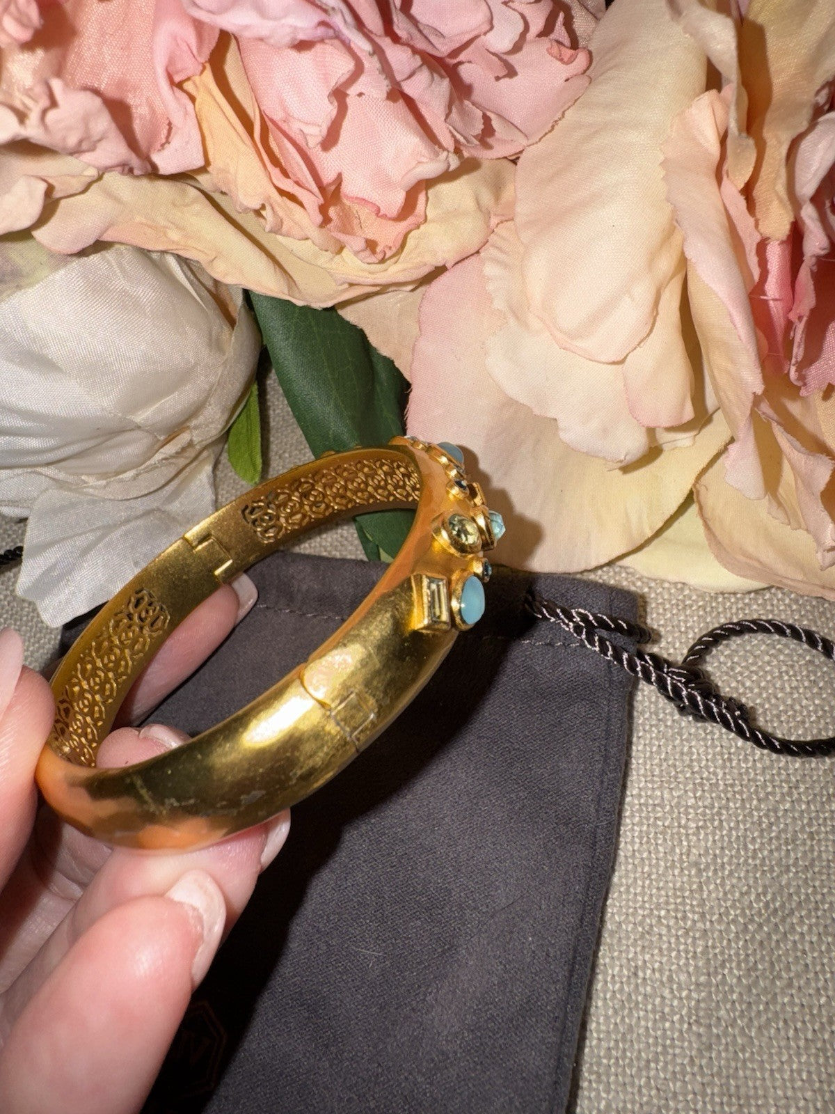 Julie Vos Hinged Bangle Bracelet Blue Iridescent Stones 24k Plated Julie Vos