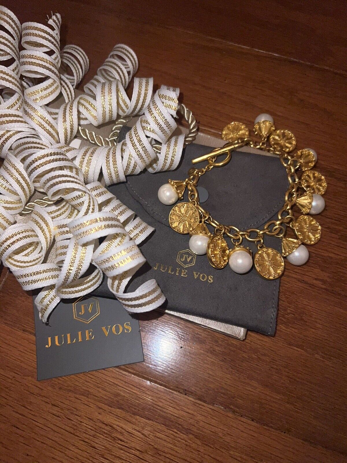 Julie Vos Pearl & Medallion Charm Link Bracelet Toggle 24k Gold Plated