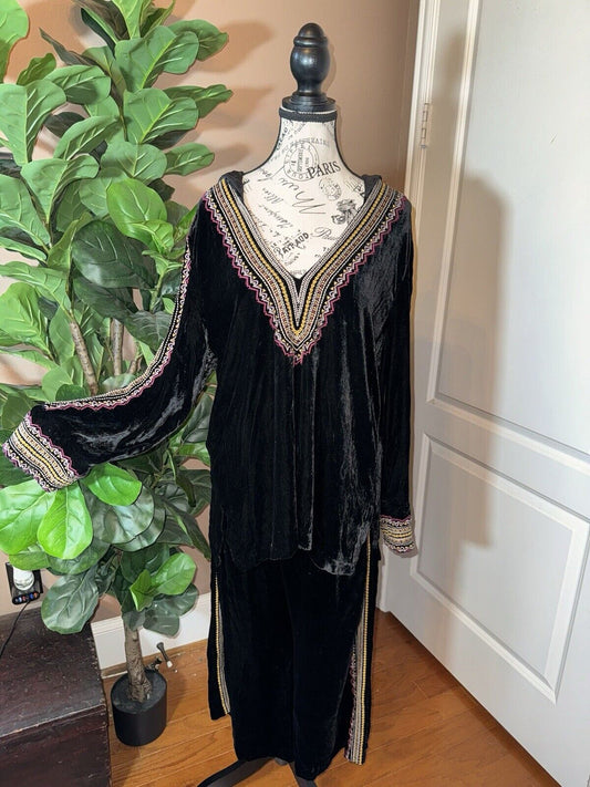 Johnny Was 2pc XL & L Black Velvet Hoodie & Wide Leg Pants Track Set RARE