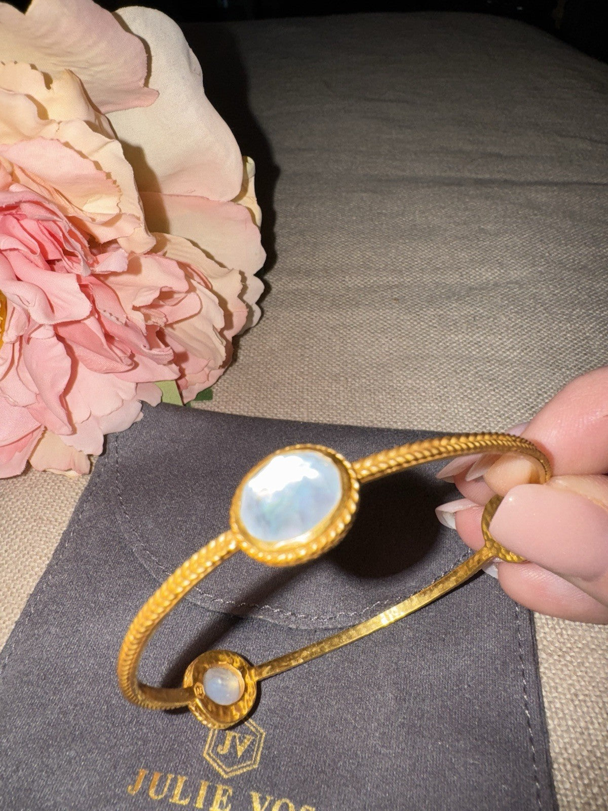 Julie Vos Large Sz Iridescent Clear 3 Station Bangle Bracelet 24k Gold Plate Julie Vos