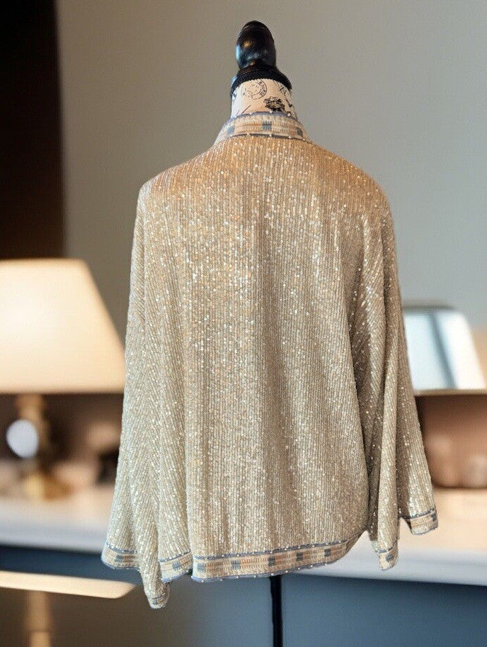 Johnny Was L Large Silk & Sequins Ivory KIMONO Jacket Wrap Pearl Accents Johnny Was