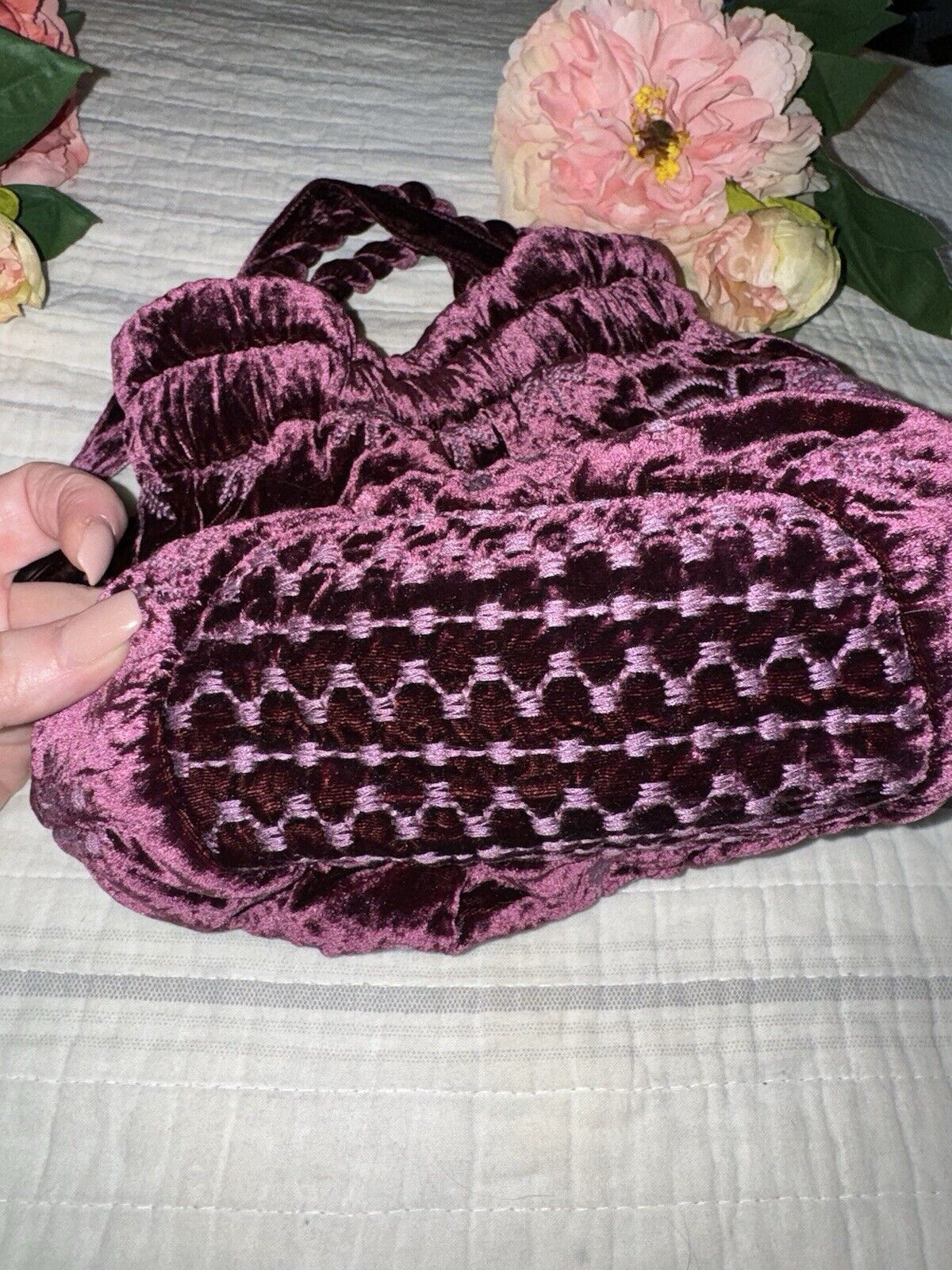 Johnny Was Plum Velvet Embroidered Hobo Bag Tote Purse Purple Crossbody