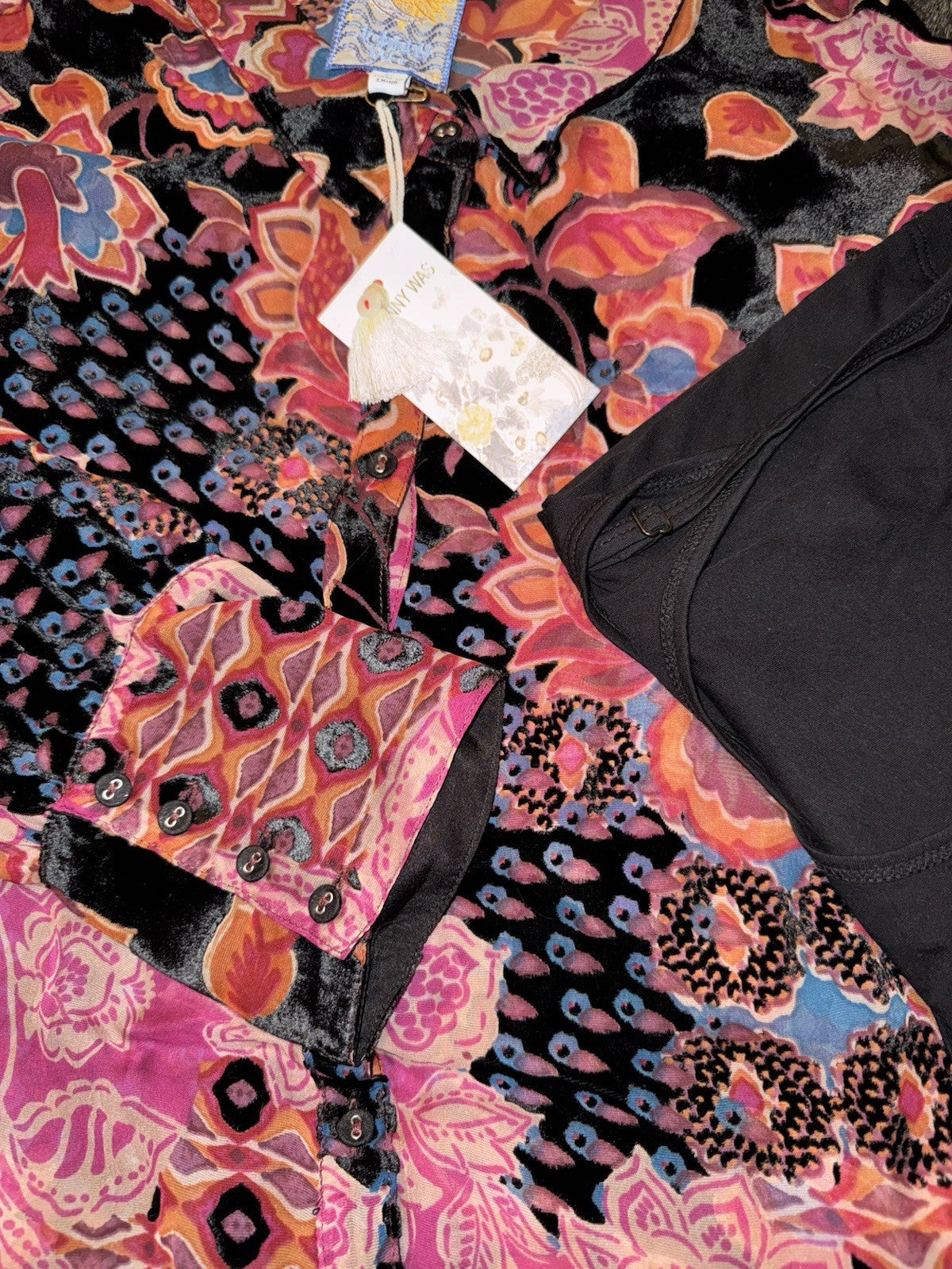 Johnny Was 2X Plus Button Up Blouse & Cami Burnout Silk & Velvet Top Pink & Red Johnny Was