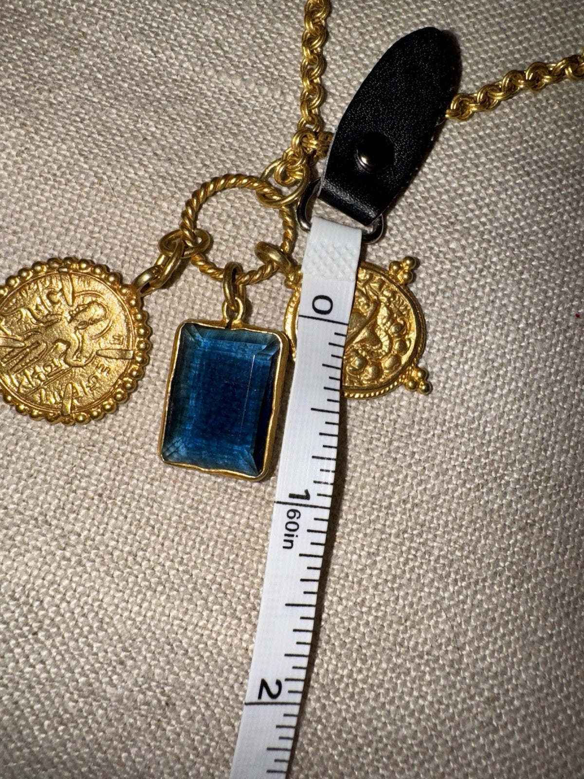 Julie Vos Necklace Sapphire Blue Glass & Gold Coin Pendant 24k Plated RETIRED Julie Vos
