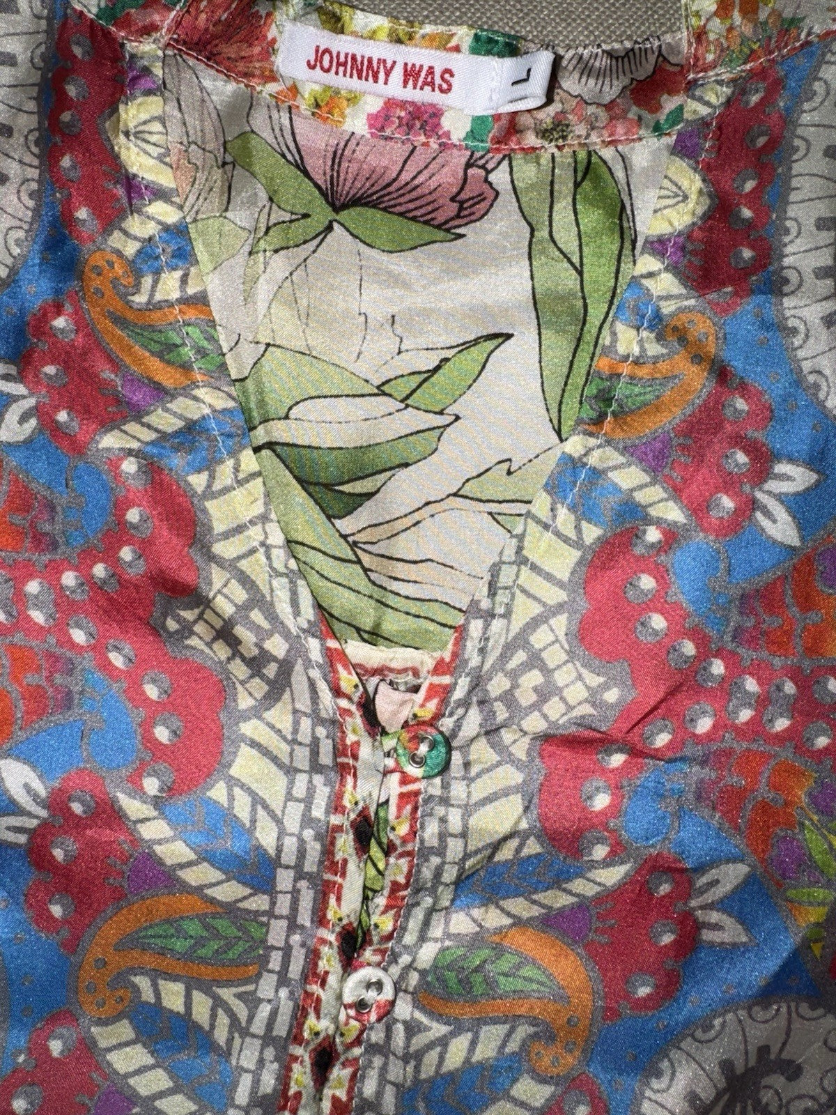 Johnny Was L Large 100% Silk Blouse Tunic Top Shirt Lace Hem Button Up Johnny Was