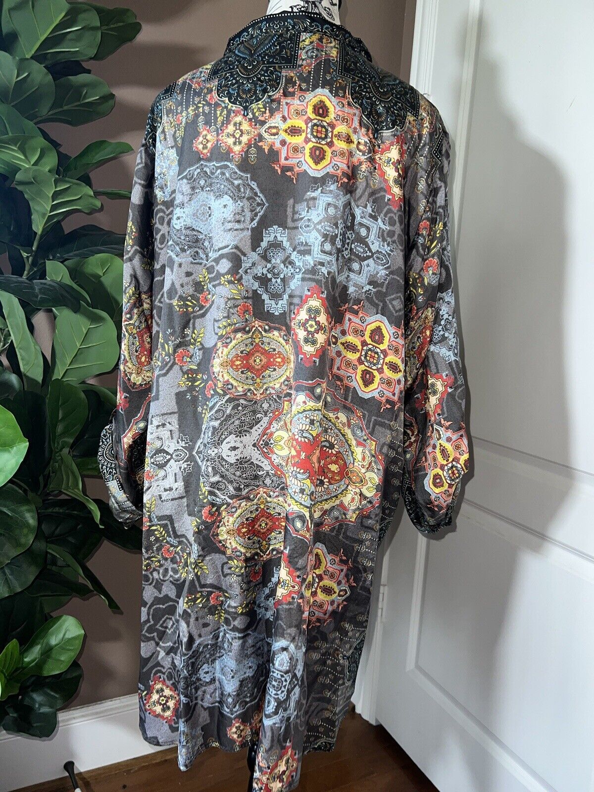 100% Silk Johnny Was Black Tunic Top Or Mini Dress XXL 2X 2XL Button Up