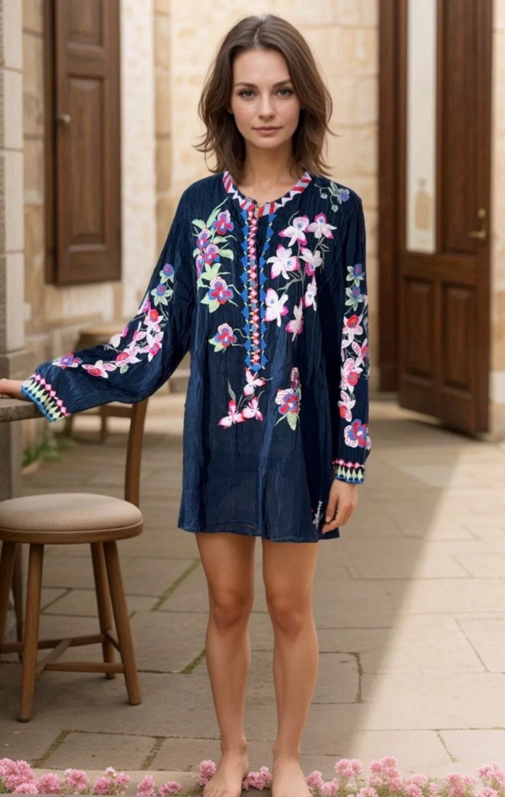 Johnny Was 1X Navy Blue Embroidered Tunic Top Blouse Silky Shirt Lightweight Johnny Was