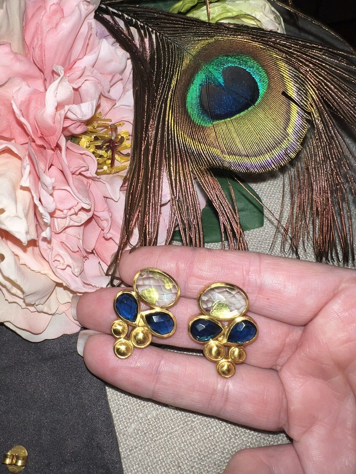 Vintage Julie Vos Statement Earrings Deep Blue & Peridot Green 24k Gold Plated