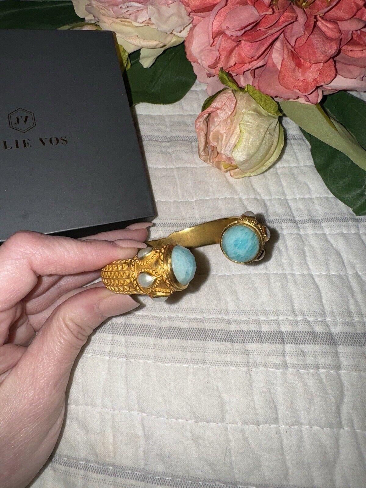 RETIRED Julie Vos Turquoise & Pearl Hinged Bangle Cuff Bracelet 24k Gold Plated