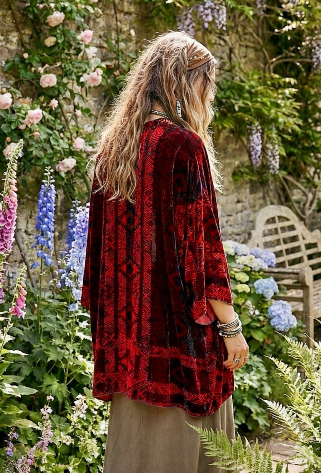 Johnny Was L Large Red & Black Velvet Button Up Shirt Blouse Top Long Sleeve Geo Johnny Was