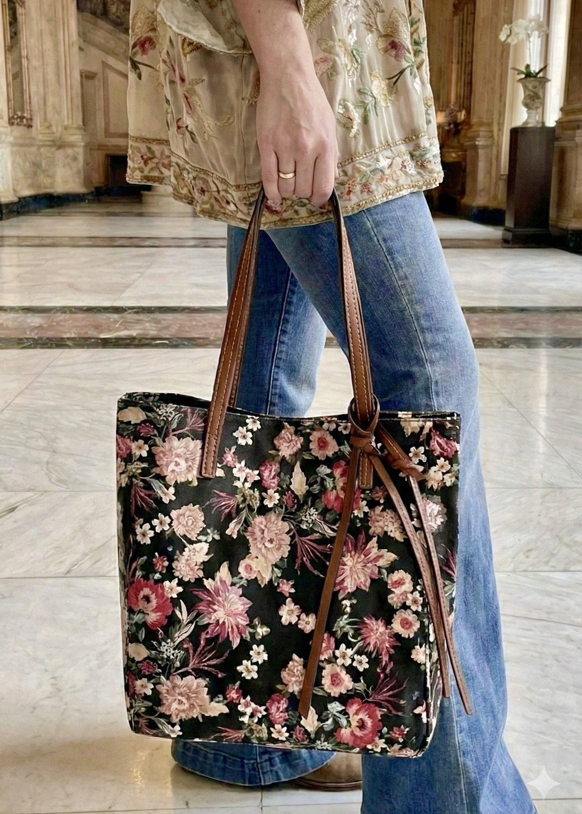 Johnny Was Black & Pink Coated Canvas Dreamer Bag Purse Tote Leather $428 Johnny Was