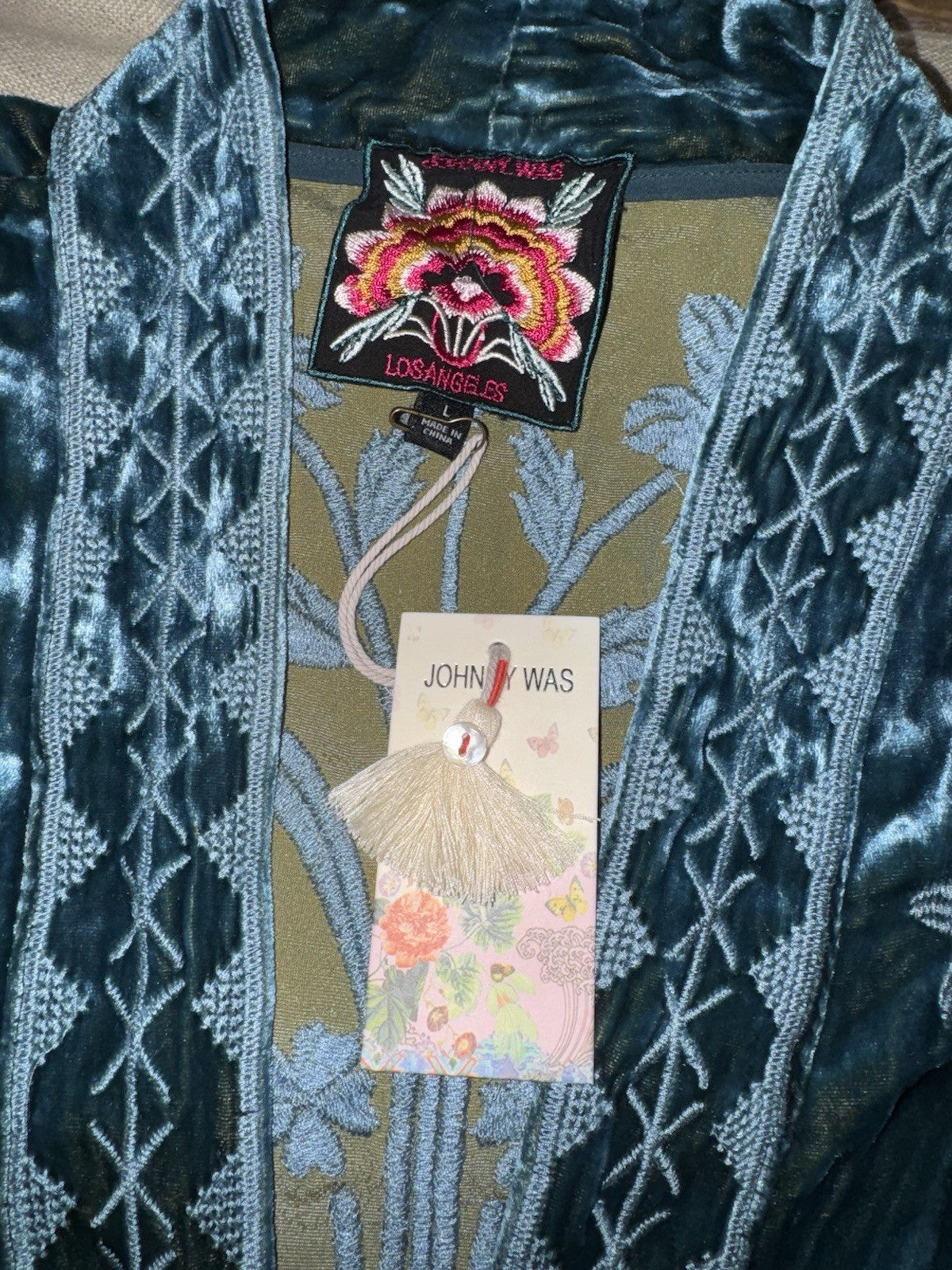 Johnny Was L Teal Green Velvet Kimono Duster Wrap Jacket Coat LUXE Embroidery Johnny Was