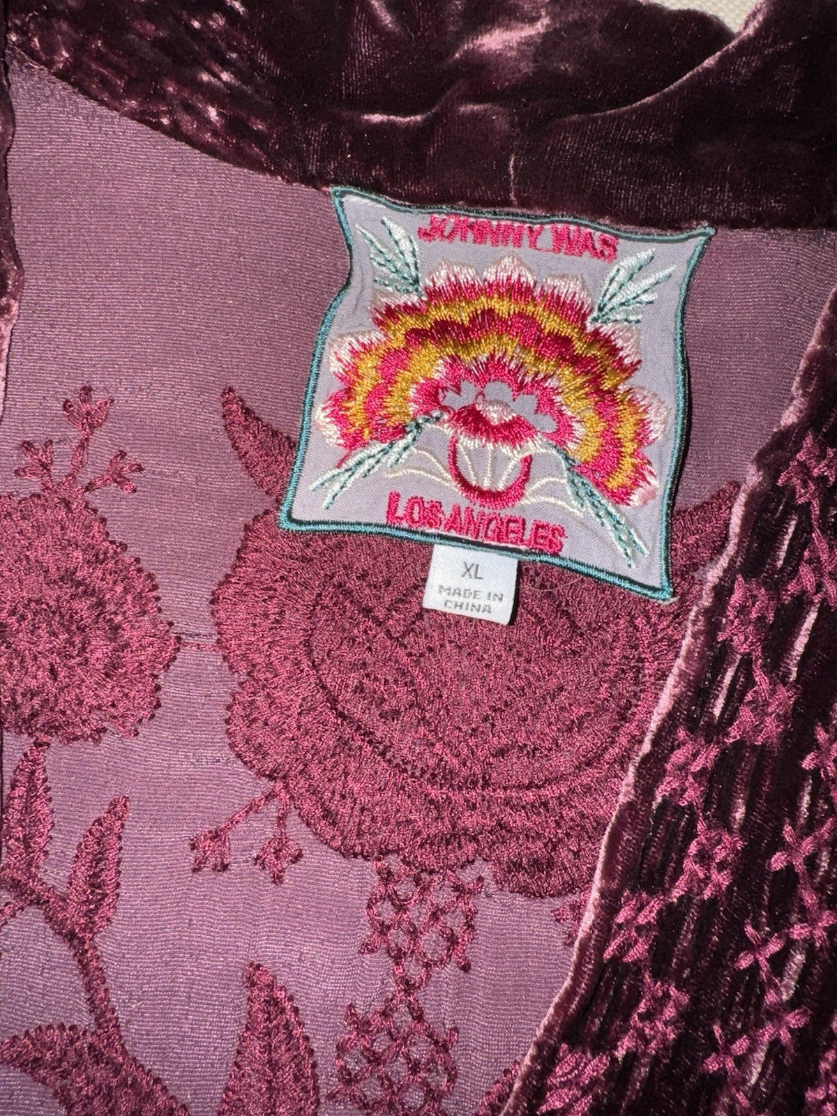 Johnny Was XL Wine Red Velvet Kimono Wrap Embroidery Cardigan Lightweight Jacket Johnny Was