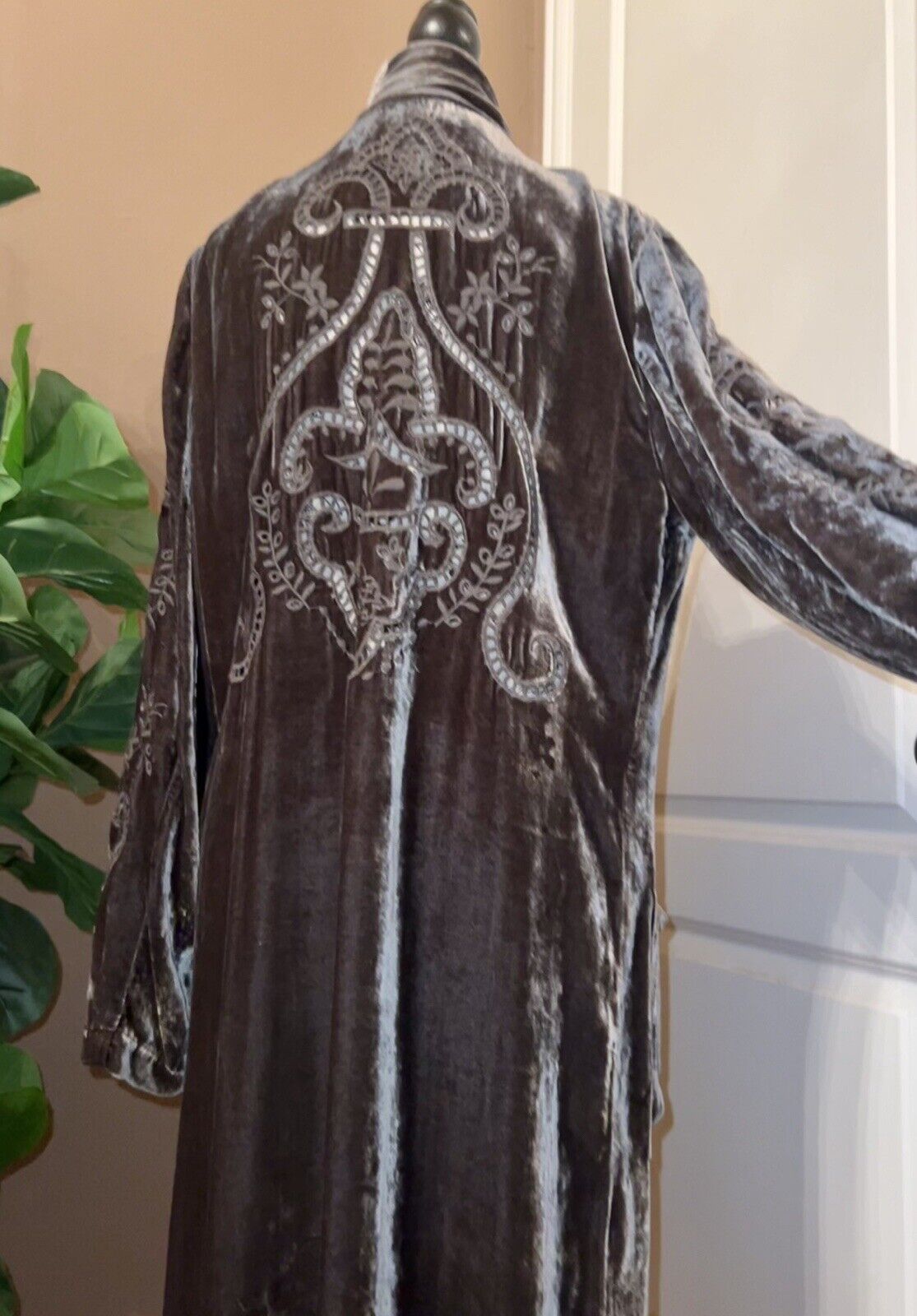 Johnny Was Grey Velvet Long Kimono Duster Wrap M Medium Eyelet Lace