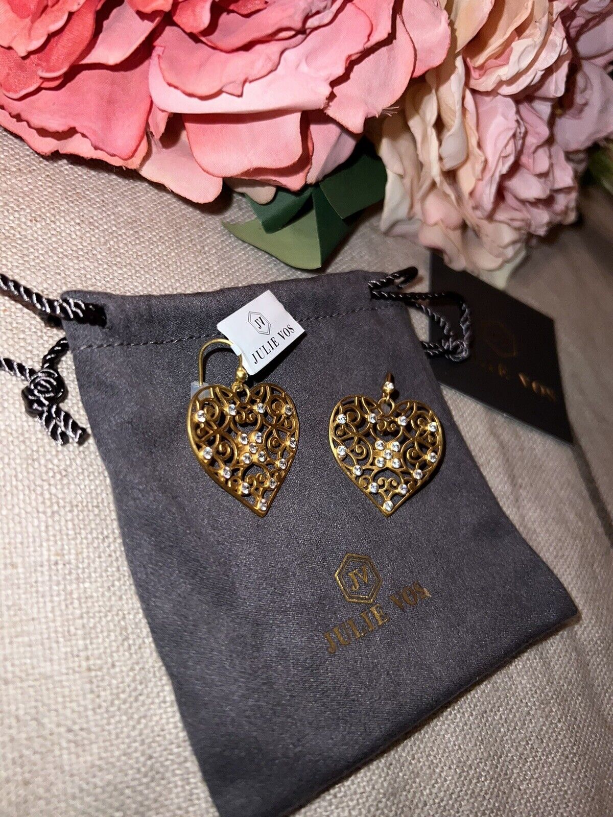 Julie Vos Heart Earrings CZ Embellished 24k Gold Plated Luxe statement