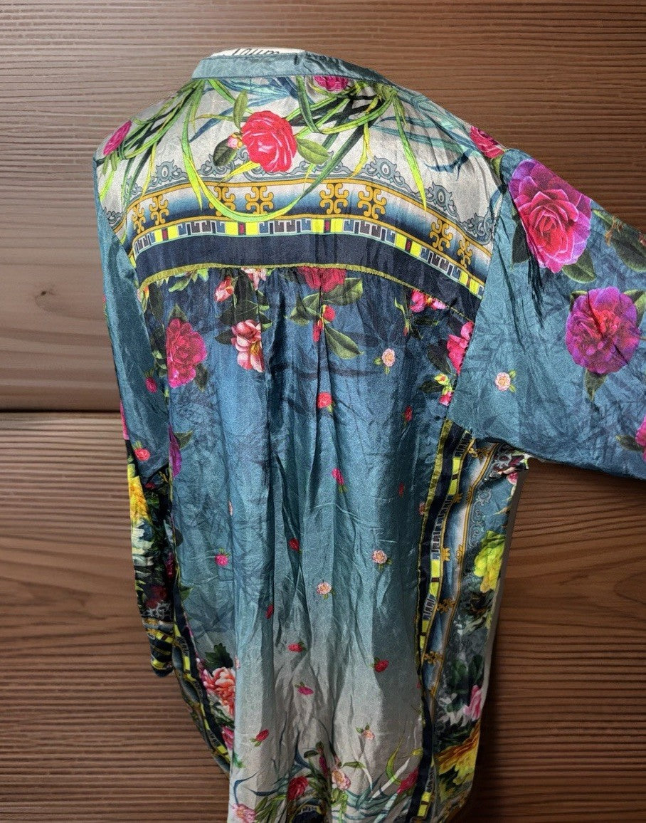 Johnny Was XL 100% Silk Mini Shirt Dress Button Up Tunic Top  Roses Blue Johnny Was
