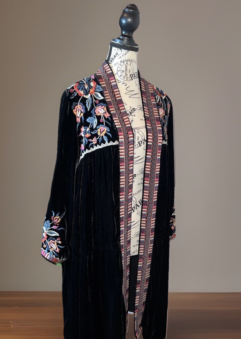 Johnny Was L Large Long Black Velvet Kimono Wrap Jacket Duster Oversized Aztec Johnny Was