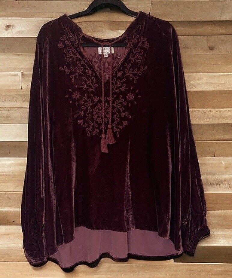 Johnny Was Burgandy Wine Velvet & Embroidered Tunic Top Kimono XL 1X 1XL