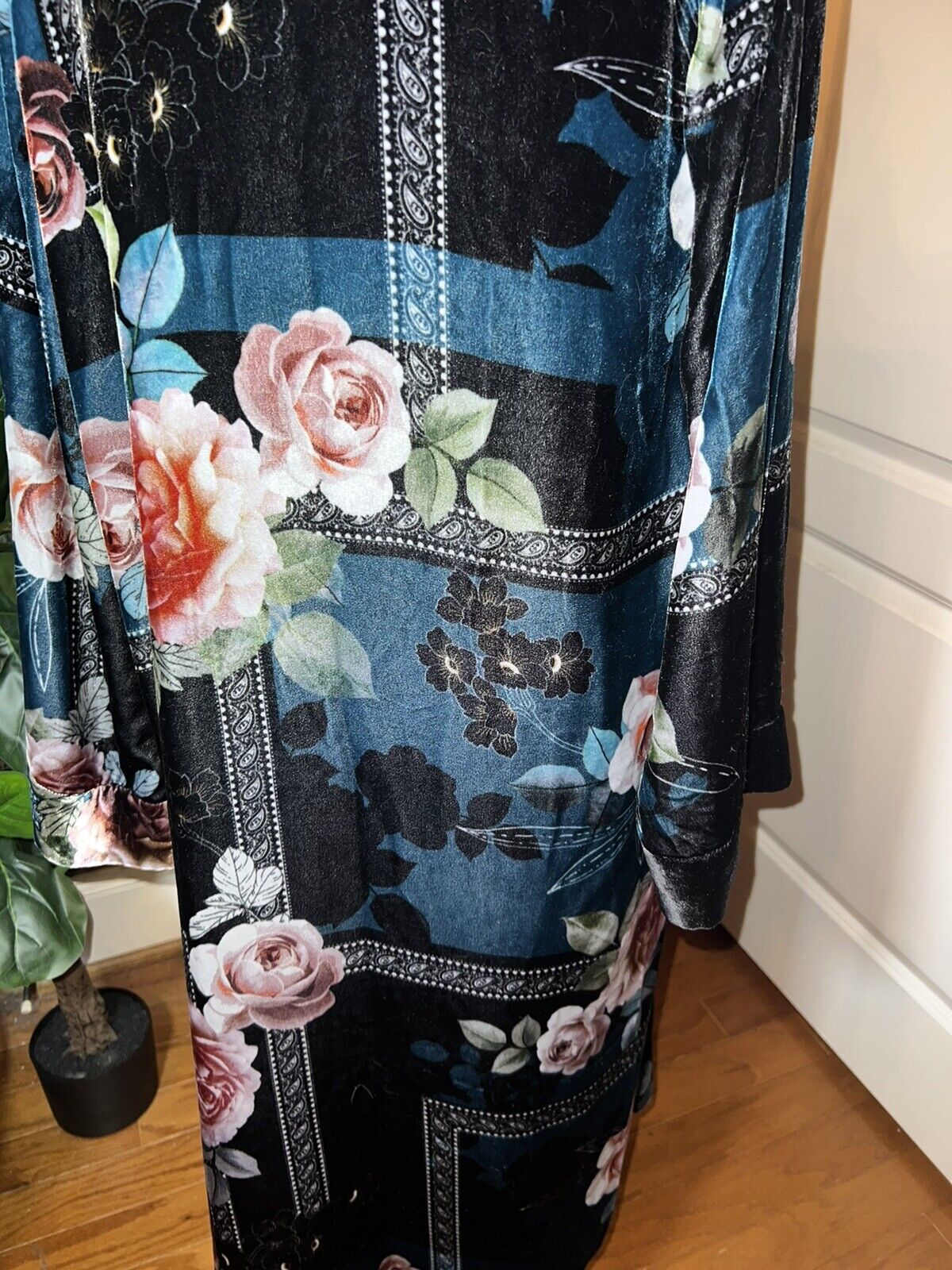 Johnny Was L Velvet & Silk Lined Kimono Wrap Duster Pink & Blue Floral