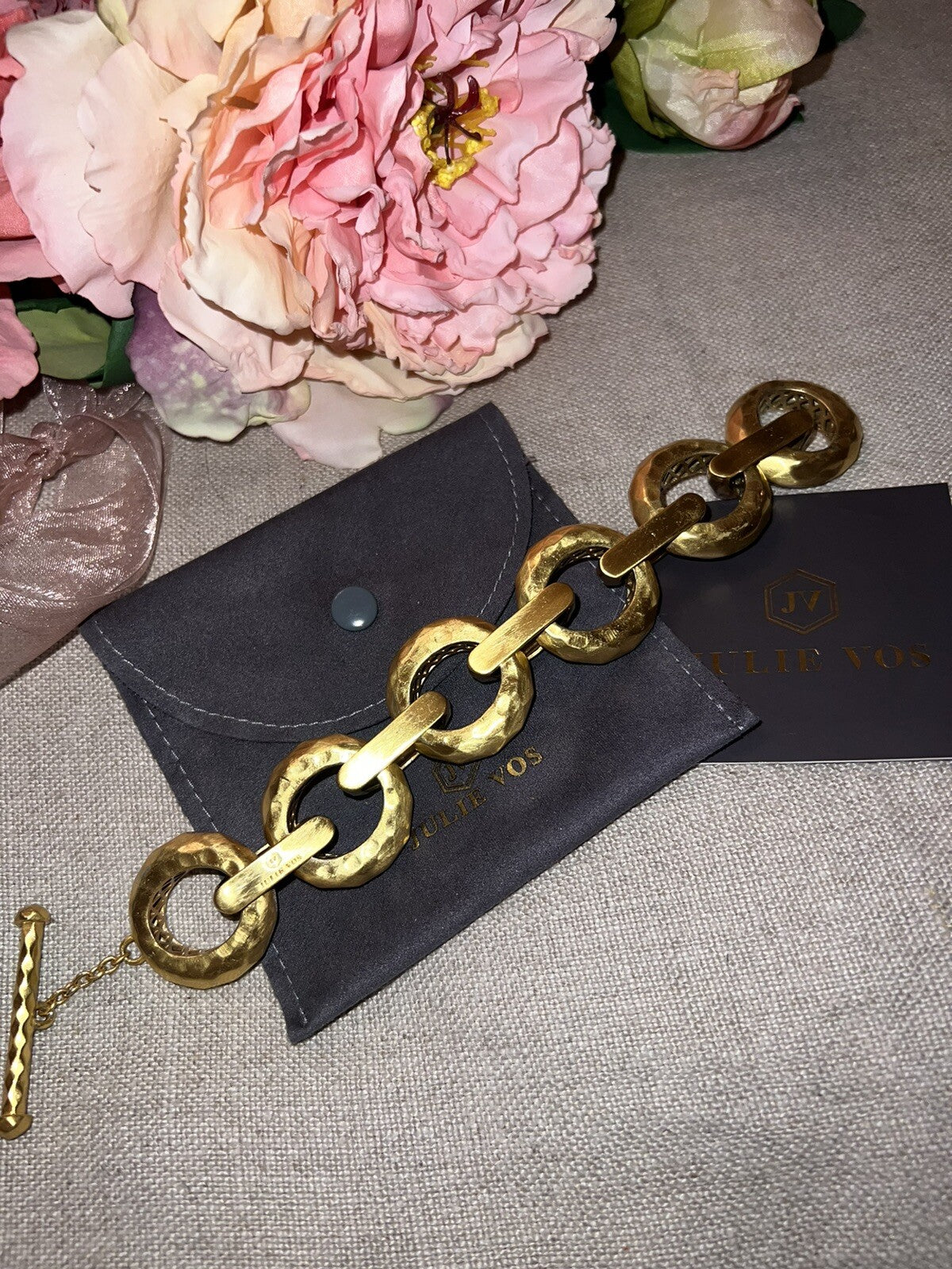 Julie Vos 9” Hammered Link Statement Bracelet Toggle Closure 24k Plated Julie Vos