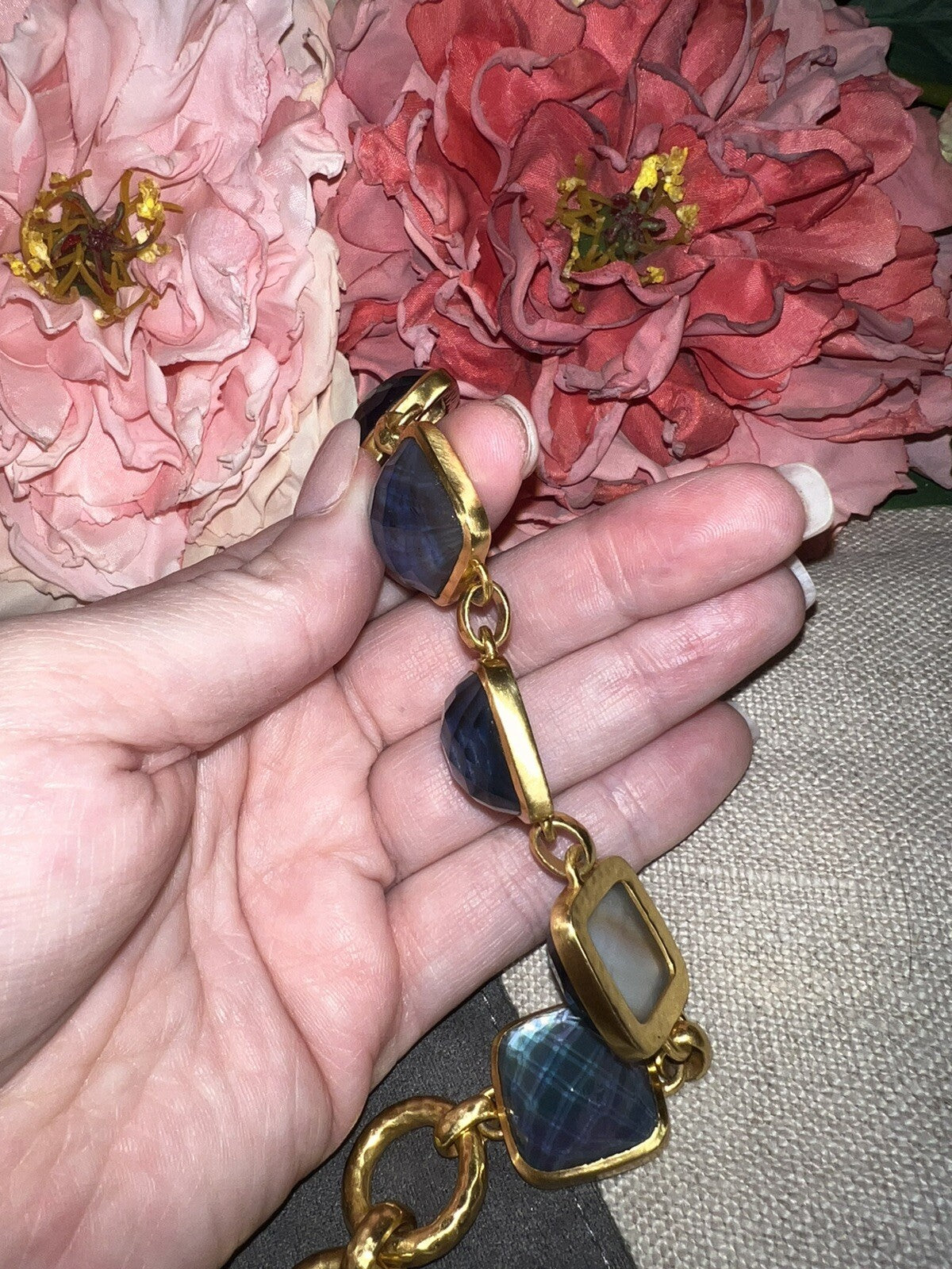 Julie Vos 8” Large Size Deep Blue 24k Plated Link Bracelet Adjustable Toggle Julie Vos